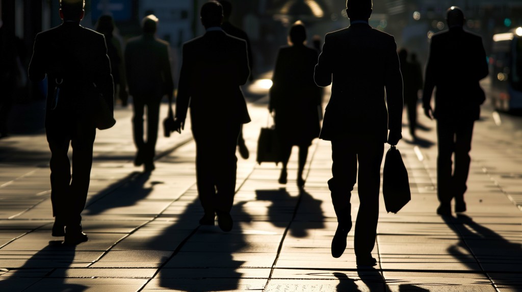 Silhouettes of businessmen on a city street in the evening during an economic recession